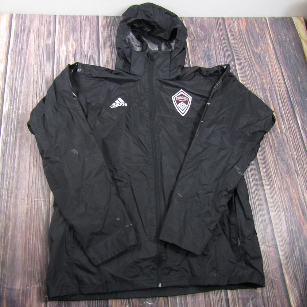 Adidas Jacket Mens XL Black Windbreaker Hooded Climastorm Colorado Rapids